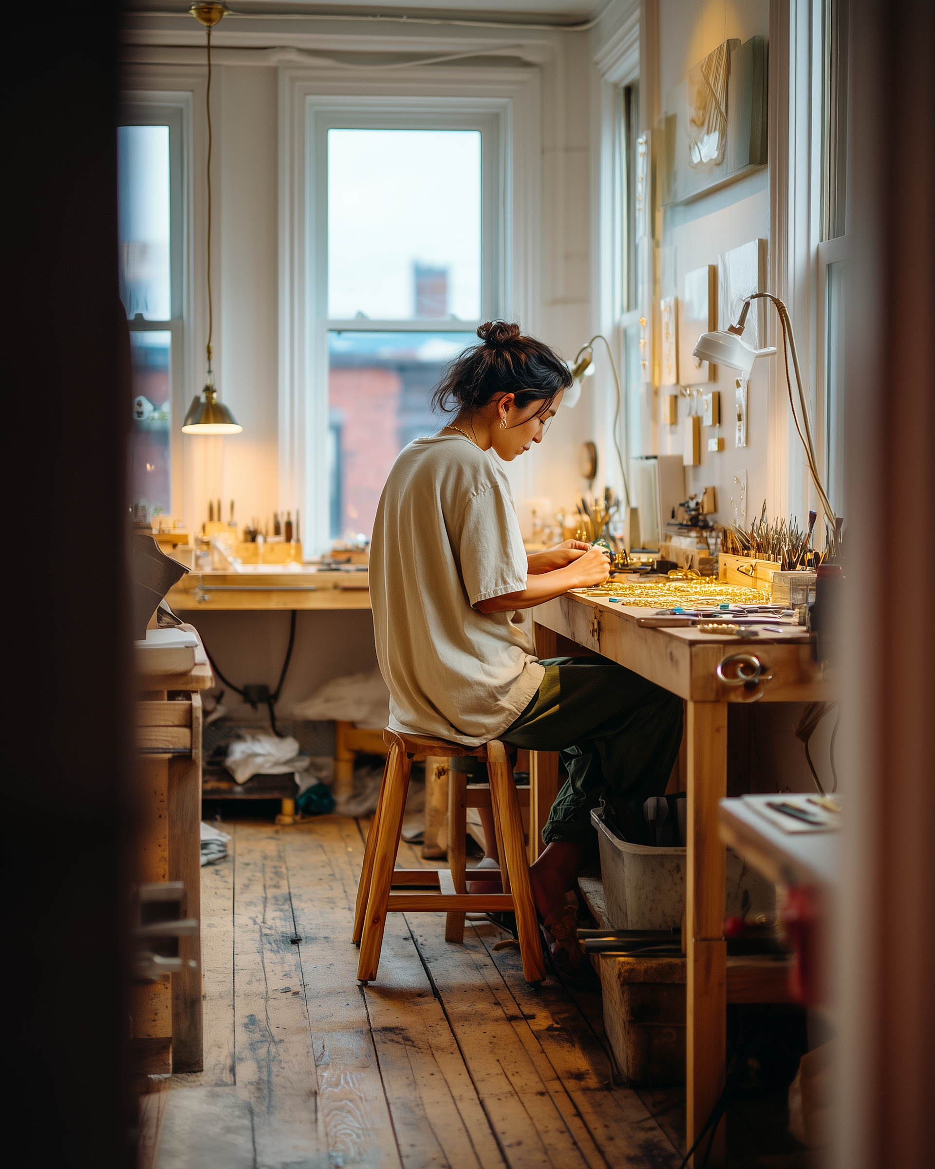 Wide interior of the Leslieville studio with bench and tools