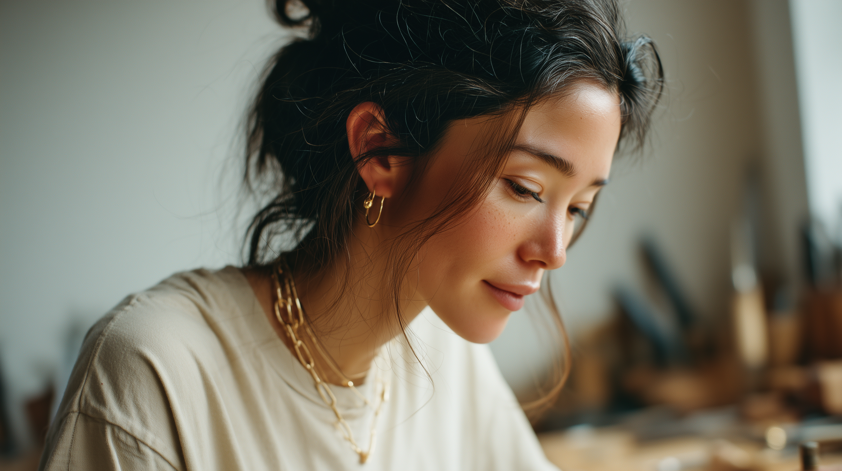 Maya at her bench, working on a gold piece