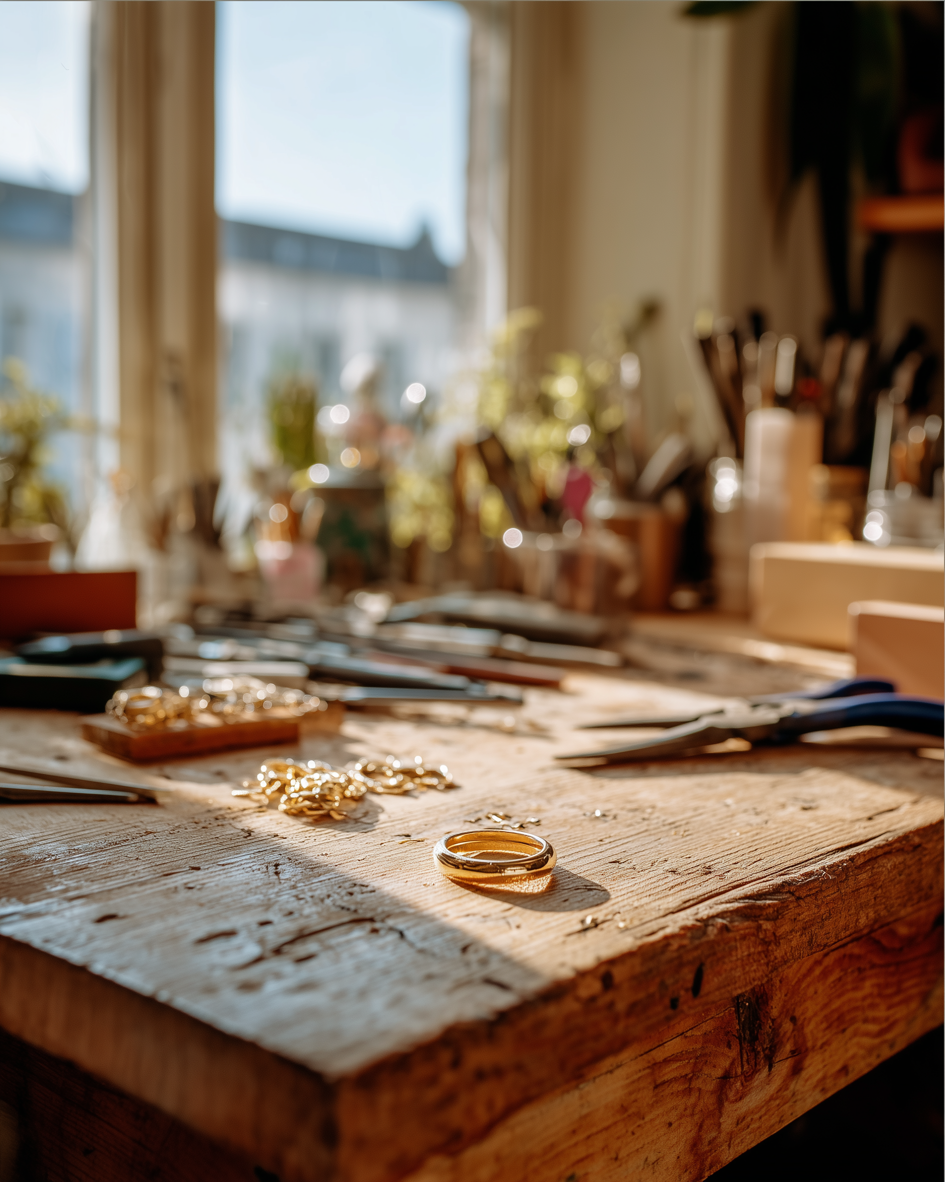 Workbench with gold materials and tools